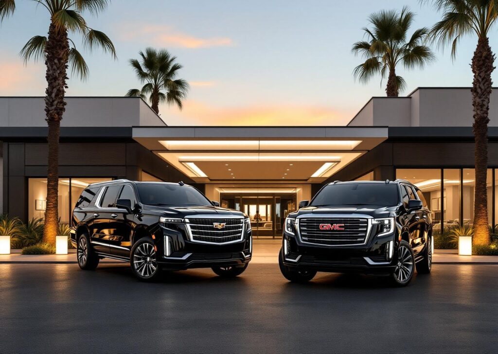 Airport car service fleet - Escalade and Denali at hotel